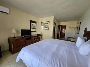 1 dormitorio con 1 cama blanca grande y TV en Selva Boutique Hotel - Luquillo Oceanfront Retreat - Adults Only, en Luquillo