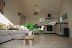 a living room with a couch and a table at Lutje Broek in Pieterburen