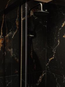 a shower in a bathroom with black tiles at DK Luxury Living in Ioannina +7 photos