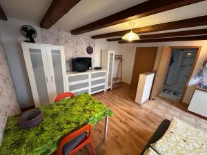 TV a/nebo společenská místnost v ubytování Ruhiges Wohlfühlzimmer auf dem Pferdehof Gut Greppin - mit Kochnische, WLAN & kostenlosem Parken