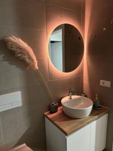 une salle de bain avec un lavabo et un miroir dans l'établissement Miteski Apartment, à Ohrid 23 autres photos