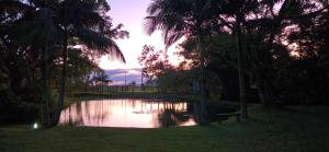 a pond in the middle of a park with palm trees at Cabana Du Sítio in Praia Grande