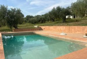 una piscina en un patio con árboles en el fondo en Villa Irene, en Chorto 64 fotos más