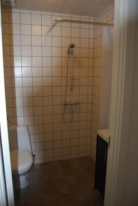 La salle de bains est pourvue d'une douche et de toilettes. dans l'établissement Rind B&B, à Herning