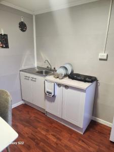 a small kitchen with a sink and a counter at Cabaña Full Equipada Sector Norte in Punta Arenas