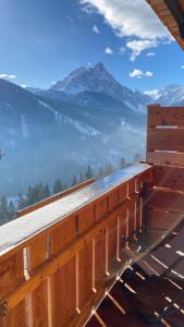 a wooden building with a view of a mountain at Hotel Almhof in San Candido