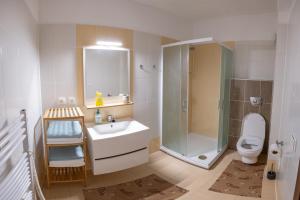 a bathroom with a sink and a shower and a toilet at Vila Olívia - Apartmán Olívia 2 in Ružomberok