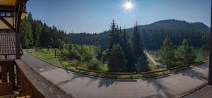 a view of a road with trees and the sun at Vila Olívia - Apartmán Olívia 2 in Ružomberok