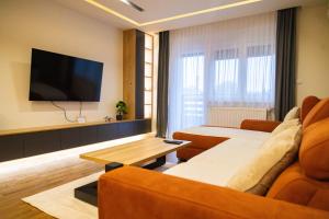a living room with a couch and a tv at Liberte Apartments in Sombor