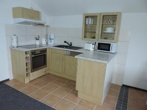 a small kitchen with a sink and a microwave at Ferienwohnung Pauly in Niesgrau +8 photos