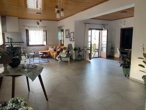 a living room with a couch and a table at Winter Summer House in Mouresi
