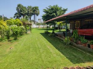 a yard next to a house with a grass yard at Siva rama garden resort& swimming pool 5star stay 3BHK room no 5 ,6,7 bheemili bech road nr in Visakhapatnam