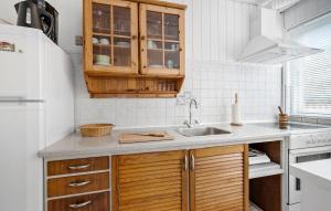 a kitchen with wooden cabinets and a sink at Beach Front Home In Svaneke With Wifi in Svaneke