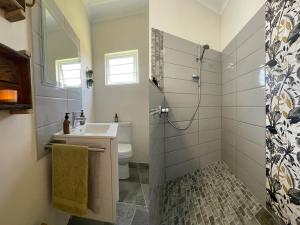 a bathroom with a shower and a sink and a toilet at Anka's Cozy Holiday Home in Swakopmund +6 photos
