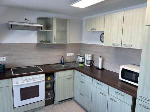 eine Küche mit Holzschränken und einer Arbeitsplatte in der Unterkunft Sylvias Ferienwohnung Nr7 DG in Görlitz