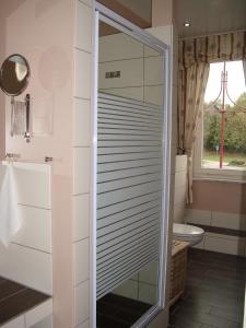 La salle de bains est pourvue d'une douche avec une porte en verre. dans l'établissement Hotel Cappuccino, à Elze