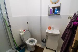 a small bathroom with a toilet and a sink at Centrum One in Suwałki