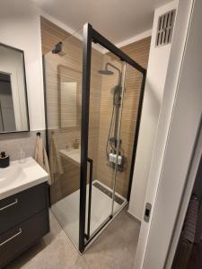 een badkamer met een douche en een wastafel bij RingPeace Apartment, Trnsko in Zagreb +27 foto's
