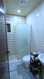 a bathroom with a shower and a toilet and a sink at RJ's - Beautiful 3 Bedroom Apartment in Al Khobar
