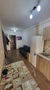 a kitchen and a living room with a couch and a refrigerator at Budget Stay Florești in Floreşti