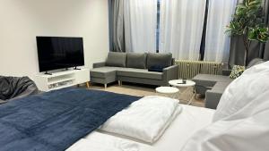 a living room with a bed and a tv at Street View Apartment - 2SZ - 1WC - 1DU - 1Kü in Karlsruhe
