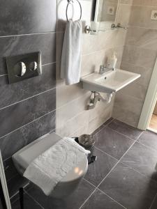 un baño con inodoro y lavabo en Goji's Apartments, en Estambul 66 fotos más