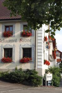 ein Gebäude mit roten Blumen auf der Seite in der Unterkunft Trip Inn Landhotel Krone in Roggenbeuren