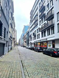 a cobblestone street in a city with parked cars at La Suite Alice in Brussels