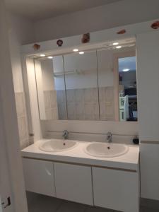 a bathroom with two sinks and a large mirror at Blekkerke 57 in Koksijde +23 photos