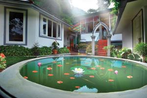 a pond with flowers in the middle of a house at Bellavista Resort Munnar in Munnar