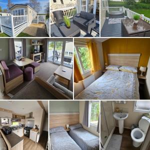 a collage of four pictures of a bedroom at The Shutt's Escapes - Tattershall Lakes in Tattershall