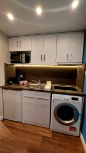 a kitchen with a washing machine and a sink at 70 steps studio A, 50 meters from Dimokratias metro station in Thessaloniki