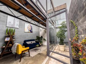 sala de estar con sofá azul y algunas plantas en Casa Cobre StayHouse, en San Luis Potosí