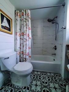 a bathroom with a toilet and a shower and a tub at Pet friendly minutes to beach in Marlyn Manor +6 photos
