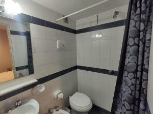 a bathroom with a toilet and a sink and a mirror at Goya Hotel in Buenos Aires +29 photos