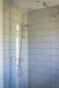 y baño con ducha y azulejos azules. en Bryngwyn Guest Suite, en Camrose
