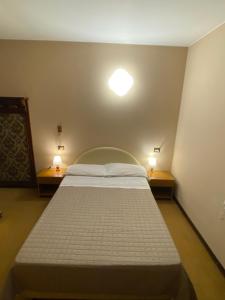 a bedroom with a bed and two lights on two tables at Hotel San Marco in Bedonia