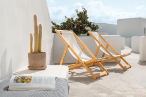 two folding chairs and a book and a cactus at Ploes Seaside Houses in Plaka