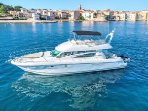 un bote blanco en el agua con una ciudad en el fondo en TheRock, en Montecarlo