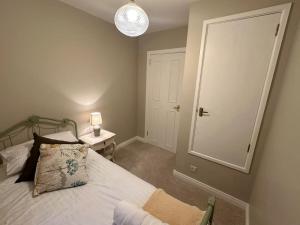 a bedroom with a bed with a lamp and a mirror at Royal Hillsborough Hideaway in Hillsborough
