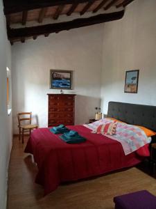 a bedroom with a bed with a red blanket and a dresser at la casina di asia in Semproniano +2 photos