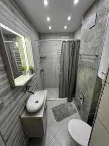 ein Badezimmer mit Waschbecken, Dusche und Toilette in der Unterkunft В къщи in Weliko Tarnowo + 32 Fotos