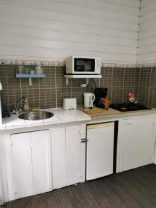 a kitchen with white cabinets and a sink and a microwave at Les Gîtes de la Lézarde in Petit-Bourg