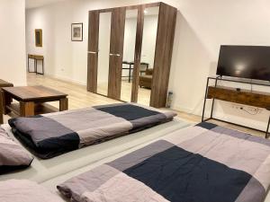 a bedroom with two beds and a flat screen tv at NEU Große Einzimmerwohnung im Zentrum Goldstadt Pforzheim Schlössle in Pforzheim