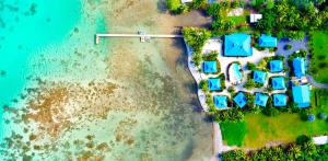 una vista aerea di un'isola con case e oceano di Opoa Beach Hotel a Opoa