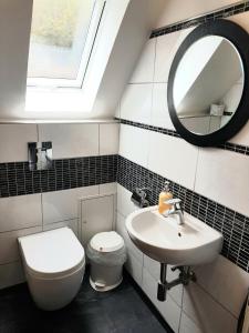 a bathroom with a sink and a toilet and a mirror at Ferienwohnung Michelle mit Balkon für 1 - 6 Personen in Warmensteinach +25 photos