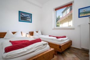 two beds in a room with a window at Uferpromenade-Whg-2-unten in Marienfelde