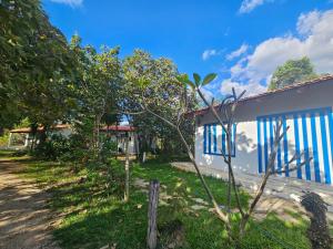a house with a blue and white at Estância Morro Do Frota in Pirenópolis