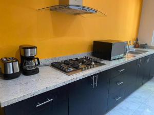 a kitchen counter with a stove and a blender at Casa Balam en Puerto Morelos in Puerto Morelos