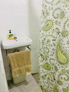 a bathroom with a sink and a shower curtain at Private Twin Room - Tonga Coral Cottage in Hofoa